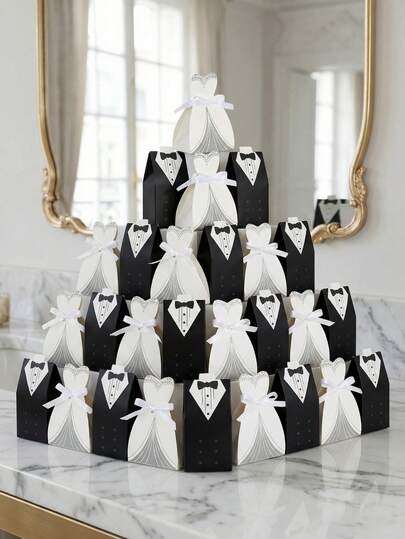 50pcs Gift Packaging Set Wedding Season Paper Gift Boxes Elegant Bride And Groom Dress Gift Boxes - Gift Packaging With Ribbon - Perfect For Romantic Wedding Party Decorations Wedding Gifts Wedding Party Gift Boxes Creative Dress Gift Boxes