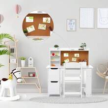 Juego de computadora y Silla para niños y niñas, Mesa de Escritura de Madera para niños con estantería, tablón de anuncios, gabinete y cajón para Edades de 3 a 8 años, Color Blanco - Blanco - Ver 5