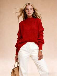 Women's Mock Neck Chunky Knit Sweater, Oversized Textured Multi-Color Pullover, Cozy & Stylish Spring Essential, Elegant Side Split Long Sleeve Jumper, Casual Spring Knit Top, Transitional Layer Piece, Perfect For New Year & Valentine's Day - 紅色(升級款) - 查看 2