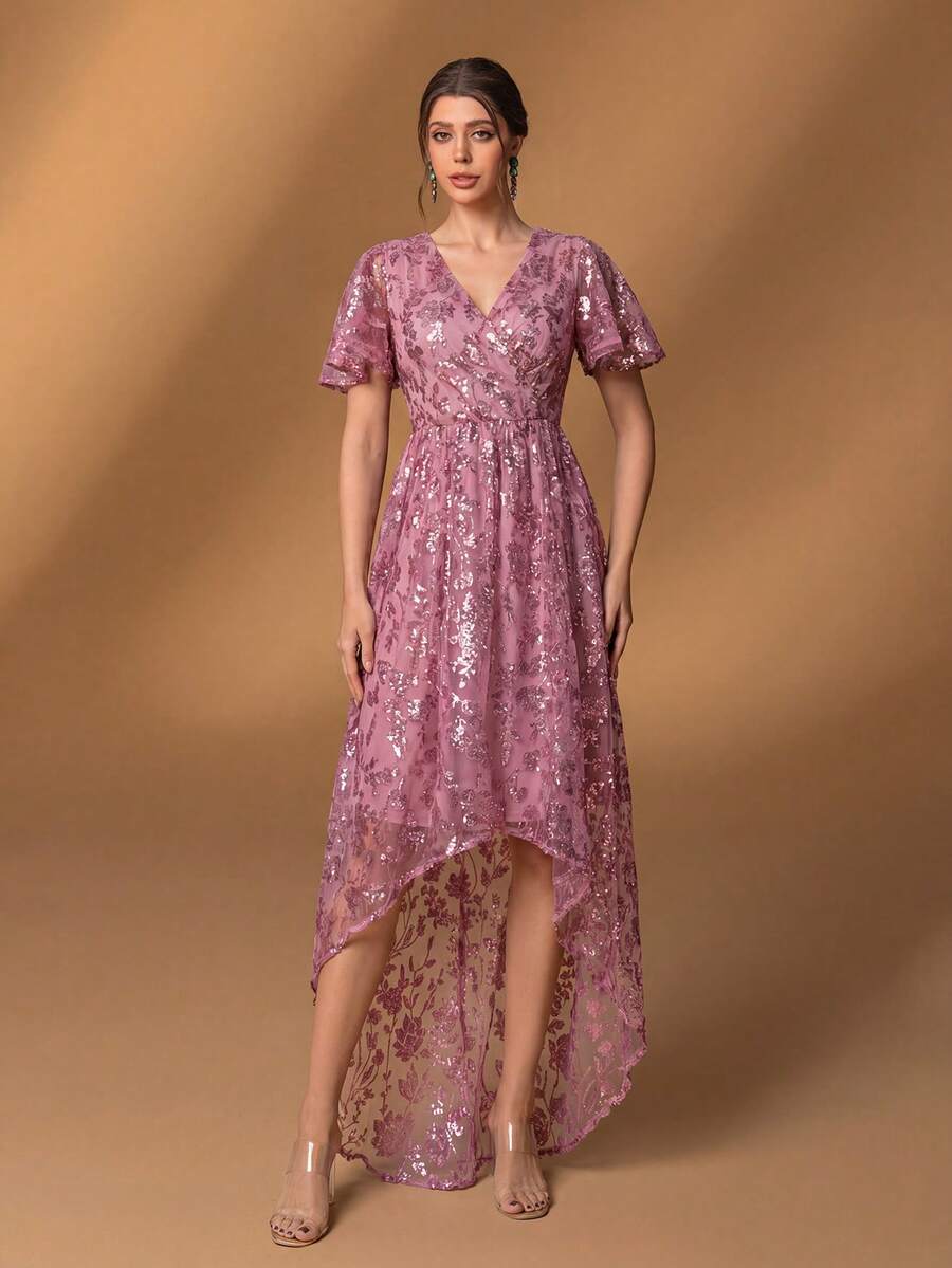 Faeriesty Elegant Light Pink V-Neck Short Sleeve Dress, Ruffle High-Low Hem Design, Mesh Floral Sequin Evening Gown, Suitable For Beach Wedding, Garden Party, Formal Dinner, Cocktail Party And Other Occasions - Dusty Pink - View 1