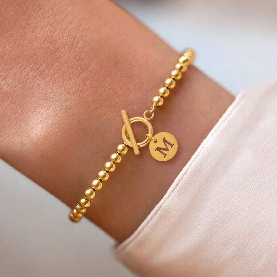 1 pieza Pulsera ajustable con colgante redondo clásico y sencillo con inicial, cierre de palanca dorado para mujeres - Amarillo Oro - Ver 1