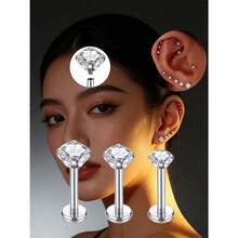 16G Stainless Steel Internal Threaded Ear Cartilage Piercing Jewelry, Cubic Zirconia Inlaid, Flat Bottom, Suitable For Nose Ring, Earring, Spiral Ear Cartilage, Lip Ring, Unisex - As Shown In the Figure - View 7