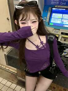 性感撞色蕾丝长袖T恤，修身剪裁，优雅时尚，春季必备 - 紫色 - 查看 2