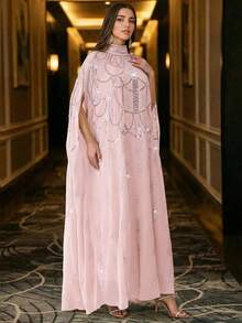 优雅串珠蝙蝠袖长款立领阿巴雅长袍，梭织面料刺绣设计 - 淺粉色 - 查看 10