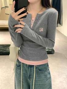 Women's 2 In 1 Contrast Color Fitted Half-Collar Long Sleeve T-Shirt - Grey - View 4