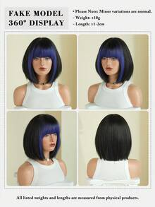 7JHH WIGS 12英寸女士黑色短直发假发，带蓝色刘海，全机织耐热合成纤维，适合日常、派对、音乐节、庆典和角色扮演。 - 藍色 - 查看 7