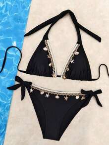 2pcs/Set Women Ocean Theme Decorative Sexy Casual Bikini Set, Halter Solid Color Swimwear For Beach And Pool, Spring/Summer Vacation, Removable Swimwear Pads, Black Swimsuit - 淺藍色 - 查看 8