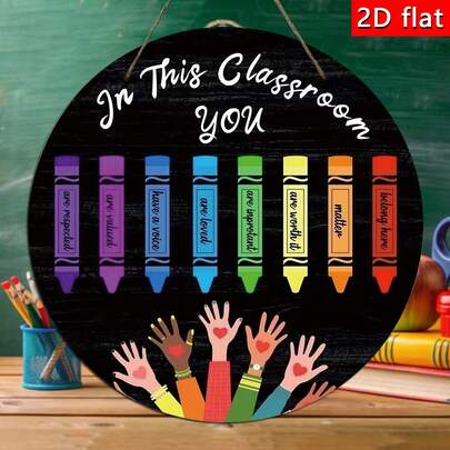 1pc Classroom Door Decoration Welcome Sign, Decorated With Colorful Pens And Handprint Patterns, Hanging Plaque For Classroom, Wooden Decorative Accessory For Elementary School Teachers