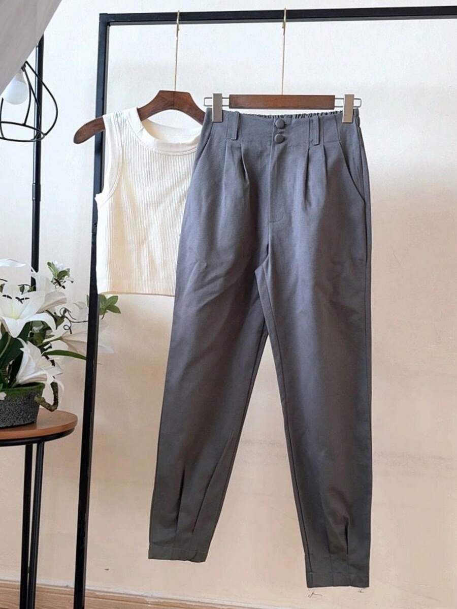 ISADORA MODA Women's Carrot Pants, Twill Fabric, 2 Buttons, With Pockets, Solid Color (Elastic At The Back) - Gris Pedernal - Ver 1