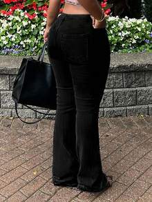 经典中腰喇叭裤女式牛仔裤，通勤、休闲、约会皆宜 - 黑色 - 查看 5