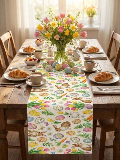1 Stück Makronen-farbiger Osterhase + bemalte Eier + Küken Tulpen Karotten Gänseblümchen Mehrfach-Element Muster Aquarell Landhausstil strapazierfähiger Polyester wasserabweisender schmutzresistenter rechteckiger hochauflösend bedruckter dekorativer Tischläufer, geeignet für Ostern Familientreffen, Outdoor-Party, Frühlings-Bankettdekoration, Feiertagsparty-Zubehör