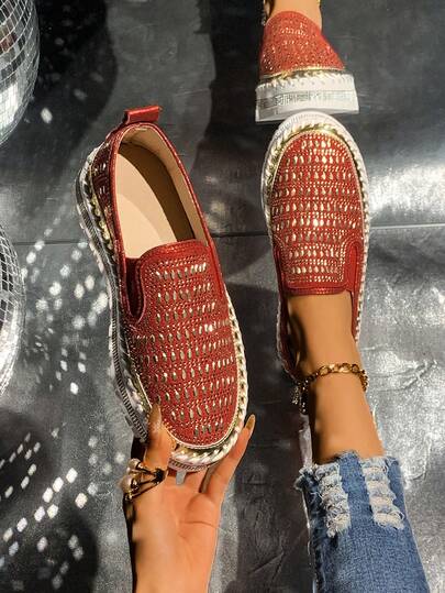 Plus Size Rhinestone Slip-On Loafers For Women, Breathable Flat Casual Slouchy Shoes, Summer New Versatile Design