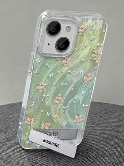 1pc Feather Chiffon Full Coverage Phone Case With Gradient Ditsy Floral & 3D Metal Stand, Compatible With IPhone 11/12/13/14/15/16/17/Pro Max