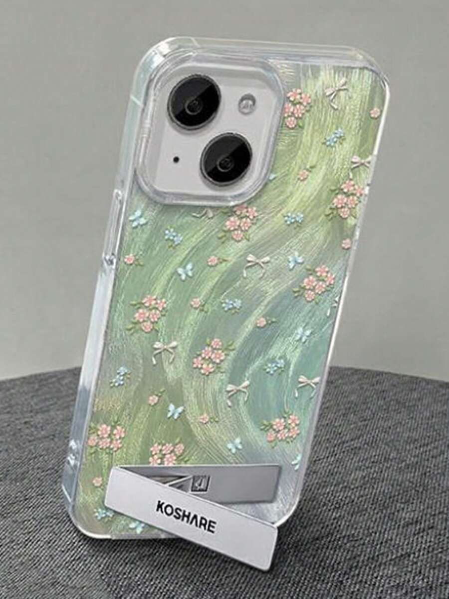1pc Feather Chiffon Full Coverage Phone Case With Gradient Ditsy Floral & 3D Metal Stand, Compatible With IPhone 11/12/13/14/15/16/17/Pro Max - Green - View 1