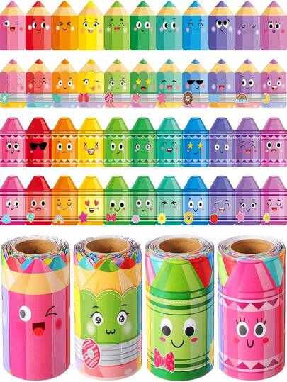 10m Cinta decorativa con forma de lápiz - Ribete de papel sin adhesivo para decoración de aula y habitación, manualidades y proyectos creativos, perfecto para paneles de anuncios, pizarras, decoración de aula, diseño alegre, fácil aplicación