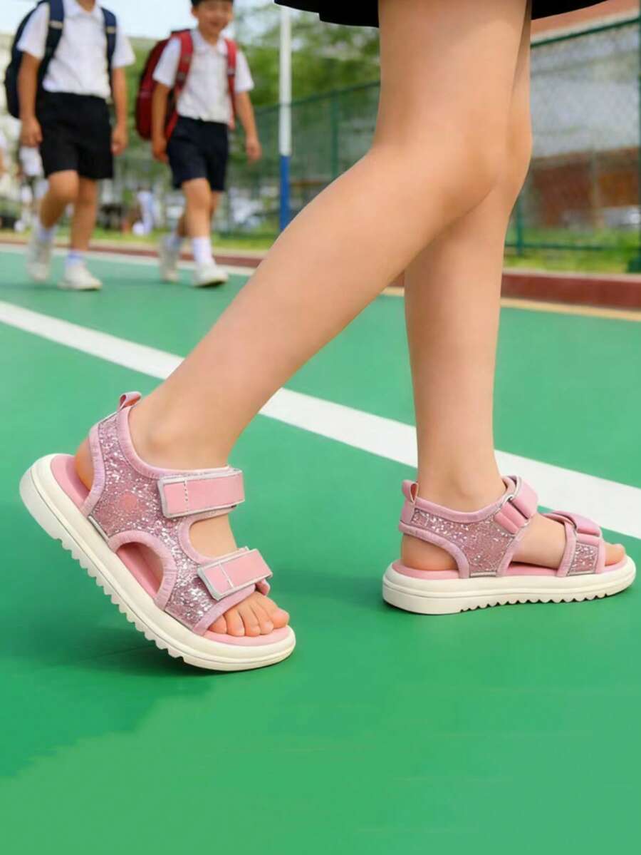 1双可爱女童粉色凉鞋，闪亮装饰，魔术贴搭扣，圆头软底公主鞋，轻便沙滩/水鞋，适合所有季节 - 粉色 - 查看 1