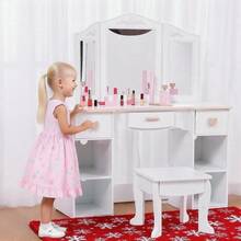 Vanidad para niños con Espejo de Tres Pliegues, Mesa de Cambiador y Taburete para niñas pequeñas, Maquillaje para niños con cajón y estantes Abiertos para niñas de 3 a 9 años, Color Blanco - Blanco - Ver 5
