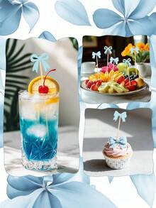 100支5英寸蓝色蝴蝶结牙签，蛋糕签，时尚鸡尾酒签，开胃菜签，非常适合水果、饮料、三明治、甜点、婴儿派对和女孩生日派对装饰。 - 彩色 - 查看 8