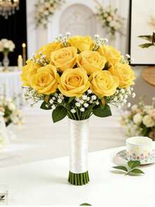 30pcs Artificial Yellow Rose Flowers, Fake Roses, For DIY Wedding Bouquet, Valentine's Day Gift, Tabletop Decor, Bridal Shower, Valentine's Day, Mother's Day, Birthday Party Home Decoration - Dark Yellow - View 7