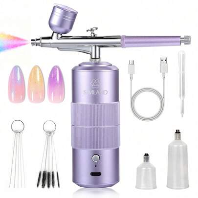  SAVILAND Advanced Airbrush Kit With Compressor: 3s Instant Color Airbrush For Nails Limitless Nail Art Creativity & Salon-Perfect Results Three-Mode Airbrush Gun For Ombre French Nail Art (Purple)