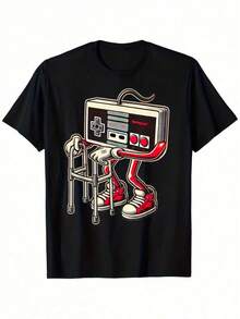 Camiseta gráfica retro de juegos para hombres| Consola de videojuegos vintage con zapatillas rojas, camiseta casual negra, verano, cuello redondo de ajuste regular, tela ligeramente elástica, patrón de alfabeto, perfecta para hombres - Negro - Ver 1