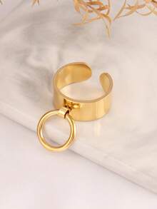 1pc Stainless Steel Rings For Women Round Charms Rings Men Open Rings Female Jewelry Gift - Golden Yellow - - View 5