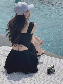 Traje de baño de color sólido Mujeres sin mangas Sexy sin espalda Sexy Pure Lust One Piece Spa Falda Traje de baño bodys para mujer - Negro - Ver 2