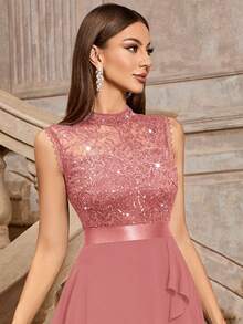 MIUSOL Sequin Floral Lace Sleeveless Ruffle Hem Party Swing Dress Wedding Spring - Dusty Pink - View 10