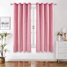1pc Hollow Star Sheer Curtain, Polyester Lace Double Layer Curtain, Darkening Curtain For Living Room Bedroom, Cute Style - Coral Pink - View 18