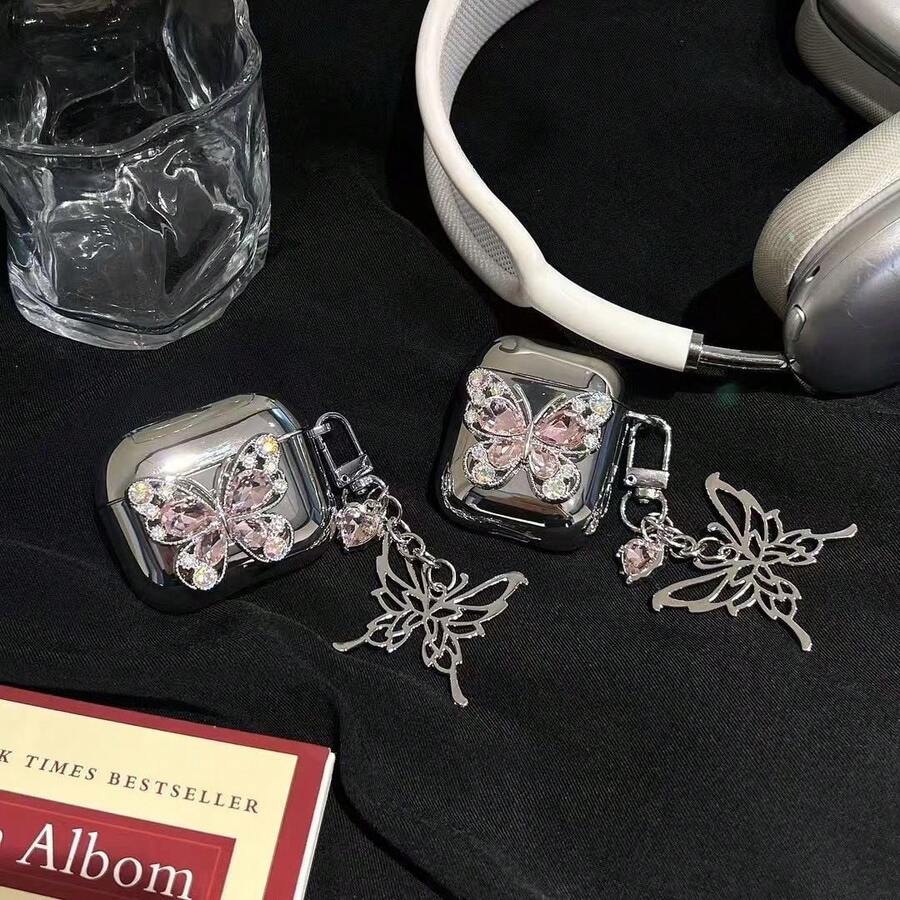 Crystal Butterfly Design Protective Case Compatible With Apple Bluetooth Earphones, Anti-Scratch And Shock-Proof Cover Compatible With Apple Bluetooth Wave Earphone Case - Silver - View 1