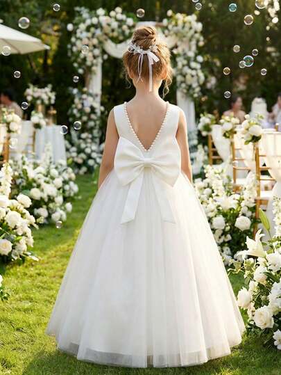 Girls' Elegant White Bow & Pearl Backless Dress, Princess Gown For Flower Girl, Prom, Party, Wedding, Birthday, Christmas