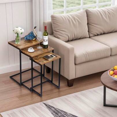 Mesa Auxiliar Industrial Apilable, Juego de 3 Mesas Auxiliares para Sala de Estar, Mesas Apilables en Forma de C, Mesitas de Noche Vintage para Espacios Pequeños, Sala de Estar, Dormitorio