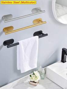 1pc Adhesive Towel Rack,3/5pcs Bathroom Hardware Accessories Set,Towel Bar,Towel Racks For Bathroom,Stainless Steel Towel Holder,Wall Mount Towel Hanger,Black Restroom Hand Towel Rod,Towel Holder For Bathroom Wall,Kitchen Towel Holder,No Drill Cabinet Towel Holder,Additiona Include Hooks,Toilet Paper Holder,Towel Ring,Bathroom Towel Rack,Shower Towel Stand,Rag Holder,Bathroom Decor,Silver,Gold,Waterproof,Bath Wall Shelf Rack - Multicolor - View 1