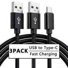 3pcs USB-A To USB-C Fast Charging Cables, 3.3ft/6.6ft/10ft Nylon Braided USB Type-C Charging Cords, Compatible With Samsung Galaxy S25, S24, S23, S22, S21, Vivo, Oppo, Redmi Phones, 16, 16 Pro Max, 15, 15 Plus, 15 Pro, 15 Pro Max, Redmi, OnePlus - 3 Black - View 7
