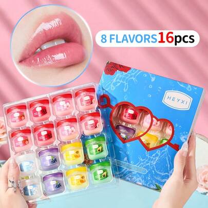 16 piezas/8 piezas Set de bálsamo labial - Hidratante, sin alcohol apto para todo tipo de piel, humectación nutritiva todo el día, set de bálsamo labial, máscara labial, regalo perfecto para Halloween, Navidad, San Valentín, cuidado personal, cuidado de la piel, regalo para mujeres, Navidad, invierno, rosa, graduación, sabor aleatorio 1 pieza