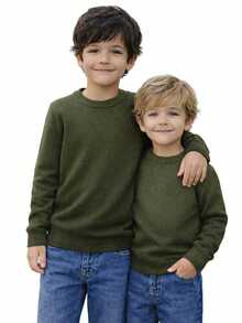 Boys' Striped Sweater, Comfortable Modal Knit, Casual, For School And Cold Weather - 軍綠色 - 查看 1