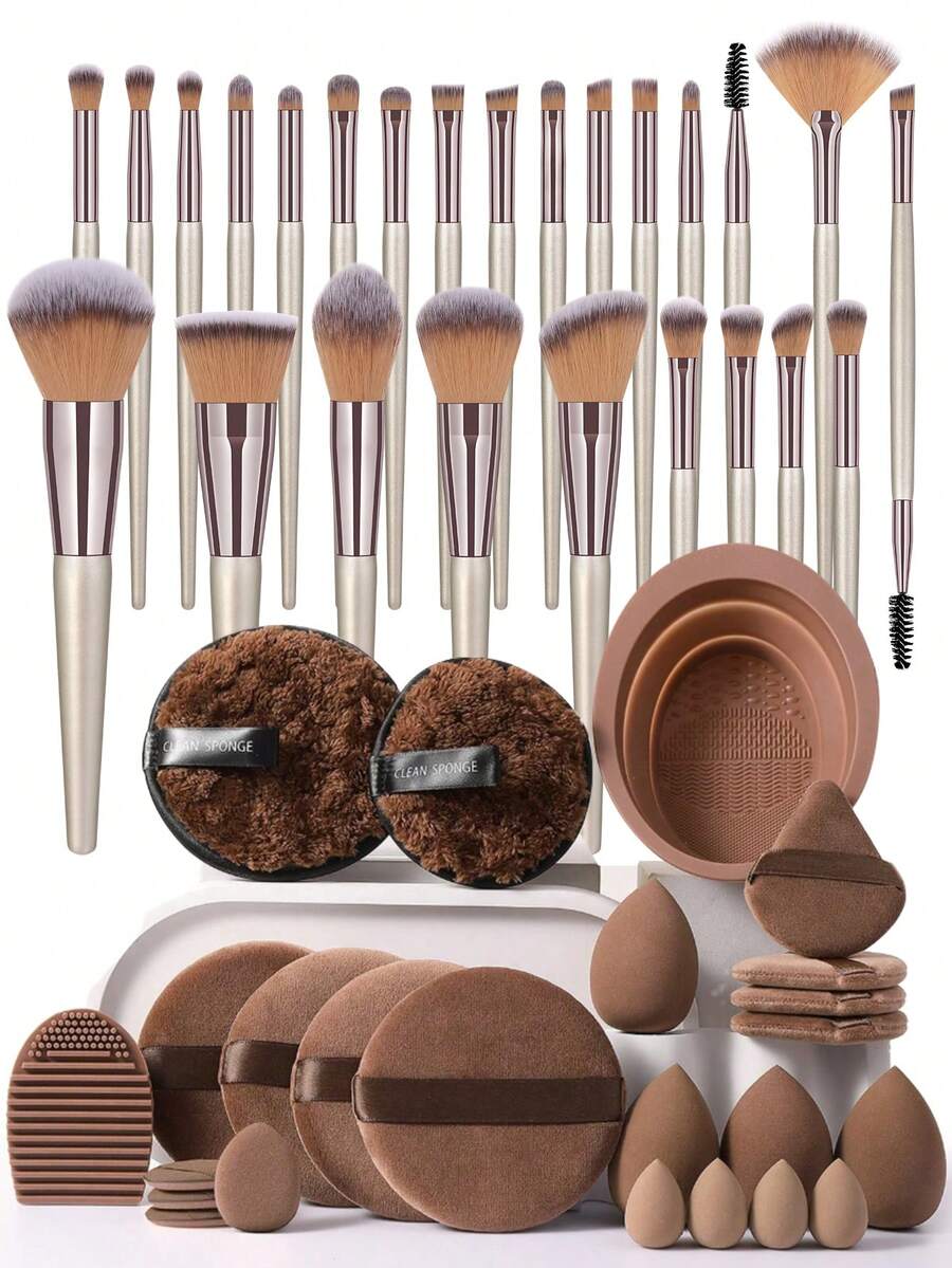 49PCS Makeup Tools Set Including:25PCS Makeup Brush Set+4PCS Makeup Sponges+4PCS Mini Makeup Sponges+4PCS Triangle Powder Puffs+4PCS Mini Air Cushion Powder Puffs+4PCS Circular Powder Puffs+2PCS Makeup Brush Cleaning Tools+2PCS Facial Cleansing Sponges - Brown - View 1