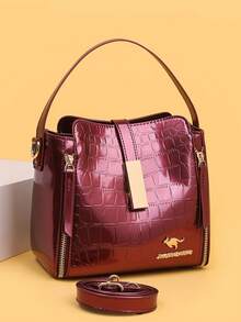 Women Patent Leather Handbag High Quality Lnterior Slot Pocket Leather Bucket Bag Female Shoulder Bag Luxury Brand Crossbody Bag - Red - View 3