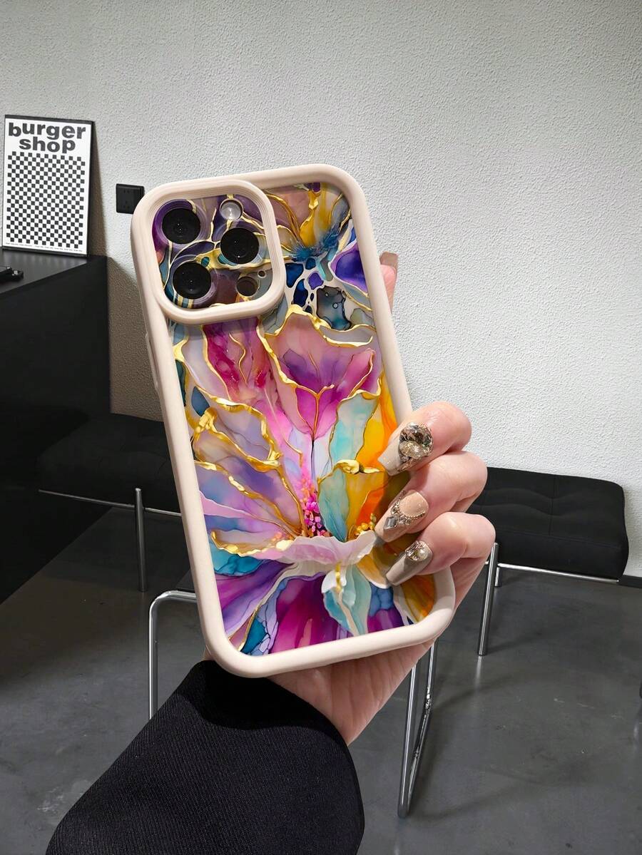 花卉图案 1 件装 时尚春季镀金花卉印花米色玛瑙阶梯砂岩手机保护壳，防摔、防指纹、防震，兼容 17/17 Pro/17 Pro Max/Air 16/15/14/13/12/11/S26/S25/S24/S23/荣耀机型，国际版，非国内版 - 米色 - 查看 1