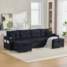 Modern 4-Personen-Samtsofa Mit Beidseitigen Chaiselongues, Integrated Stauraum, Getränkehaltern, USB-Anschlüssen Und Ausziehbarer Schlaffunktion – Style Für Jedes Wohnzimmer.Schwarz - Black + Corduroy + Foam + 4 Seat - View 7