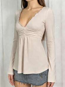 Áo dài tay dệt kim màu mơ, áo cổ chữ V gợi cảm với viền bèo nhún và thiết kế thắt eo, thích hợp cho mùa hè và ngày Valentine. - Màu be - Xem 7