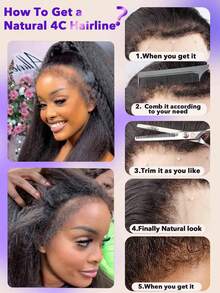 4C卷曲边缘蓬松卷曲蕾丝前假发，Yaki直发真人发，180%/250%密度，蓬松直发假发，预拔毛发际线，13x4透明蕾丝前假发，卷曲边缘，婴儿发（8-22/24/26/28/30英寸，自然黑） - Natural Black - 查看 6