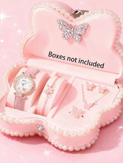 6/5pcs Elegant Girl Exquisite Fashion Fireworks Heart Shaped Dial Quartz Watch, Suitable For Girls To Wear, Paired With Butterfly Jewelry Necklace, Bracelet, Ring, Earring Set, Suitable As A Birthday/Festival Gift For Girls, Perfect For Party, Celebration Banquet, Vacation, Travel Decoration, Daily Life Of Back To School And Graduation Season, Perfect Gift For Girls On Valentine's Day