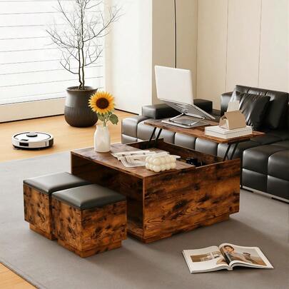 Mesa de Café con Tapa Elevable y Bancos de Almacenamiento, Mesa Cuadrada de Madera para Sala de Estar, Oficina o Hogar, con Gran Compartimento de Almacenamiento Invisible, Incluye Dos Taburetes con Cojín de Espuma y Cubierta de Cuero PU