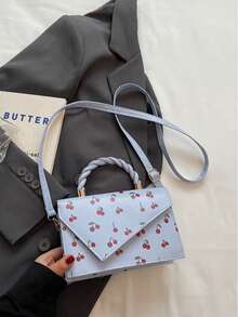 女孩可爱樱桃印花女士钱包，编织手柄女士手提包，不对称女士托特包，翻盖女士单肩包，适合女孩，办公，日常通勤，休闲，摄影，度假，礼物 - 彩色 - 查看 7