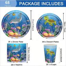 68-Piece Under The Sea Themed Birthday Party Tableware Set, Including Plates, Napkins, And Cups. This Ocean Animal Themed Party Tableware Set Is Suitable For Various Themed Birthday Parties, Events, And Party Supplies, And Is Also Compatible With Holidays And Party Occasions Such As Christmas, New Year, And Valentine's Day. - Multicolor - View 9