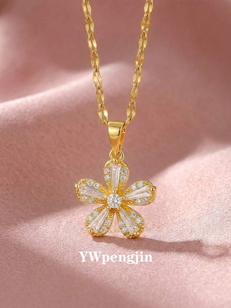 1pc Exquisite Sparkling Full Rhinestone 5-Petal Flower Pendant Necklace, Suitable For Girls To Attend Parties And Banquets, A Charming Jewelry Accessory For Everyday Wear, Also An Ideal Birthday Gift For Children - Gold - View 1