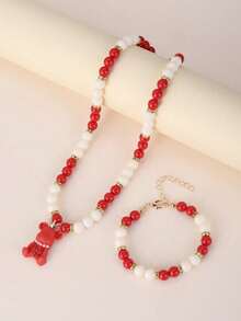 两件套幸运红色小熊软糖首饰套装，新年礼物，适合女孩和青少年，项链和手链，配有闪亮的红色和白色珠子吊坠 - 放 - 查看 3