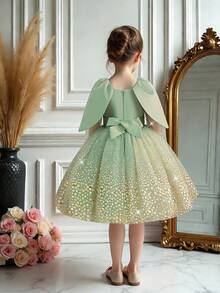 Young Girls' Square Neck Long Sleeve Foil Mesh Satin Elegant Ball Gown Dress, Suitable For Formal Dinner, Runway, Evening Party, Excluding Headband - Green - View 5