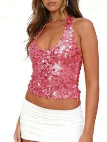 Women Deep V Neck Sparkly Sequin Halter Top Y2k Slim Fit Sleeveless Open Tie Back Glitter Crop Cami Tank - 粉色 - 查看 2